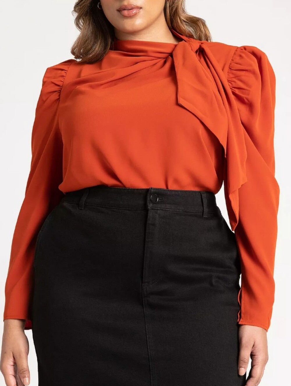 Eloquii Cayenne Tie-Neck Blouse With Puff Sleeves